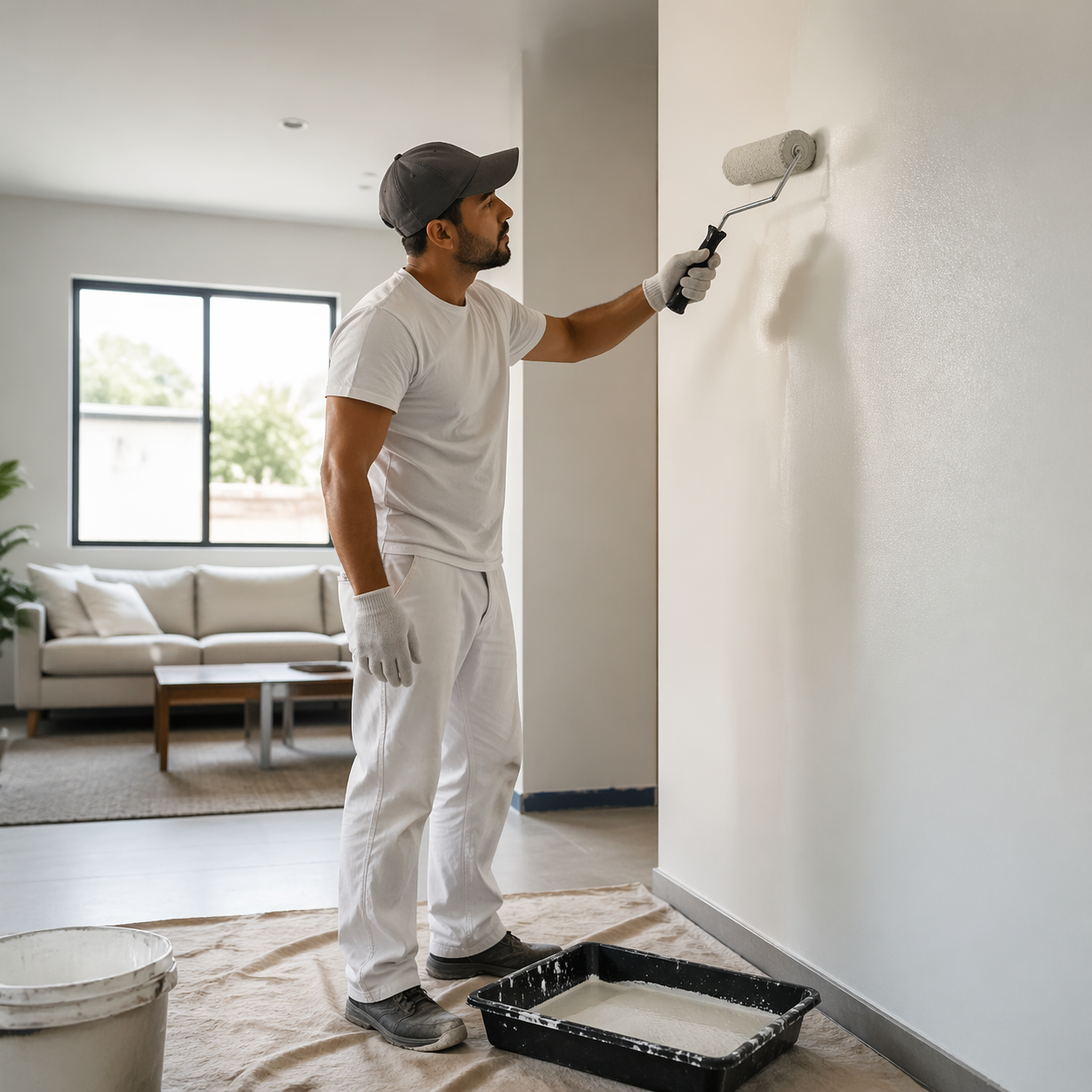 Profissional realizando pintura residencial em ambiente interno